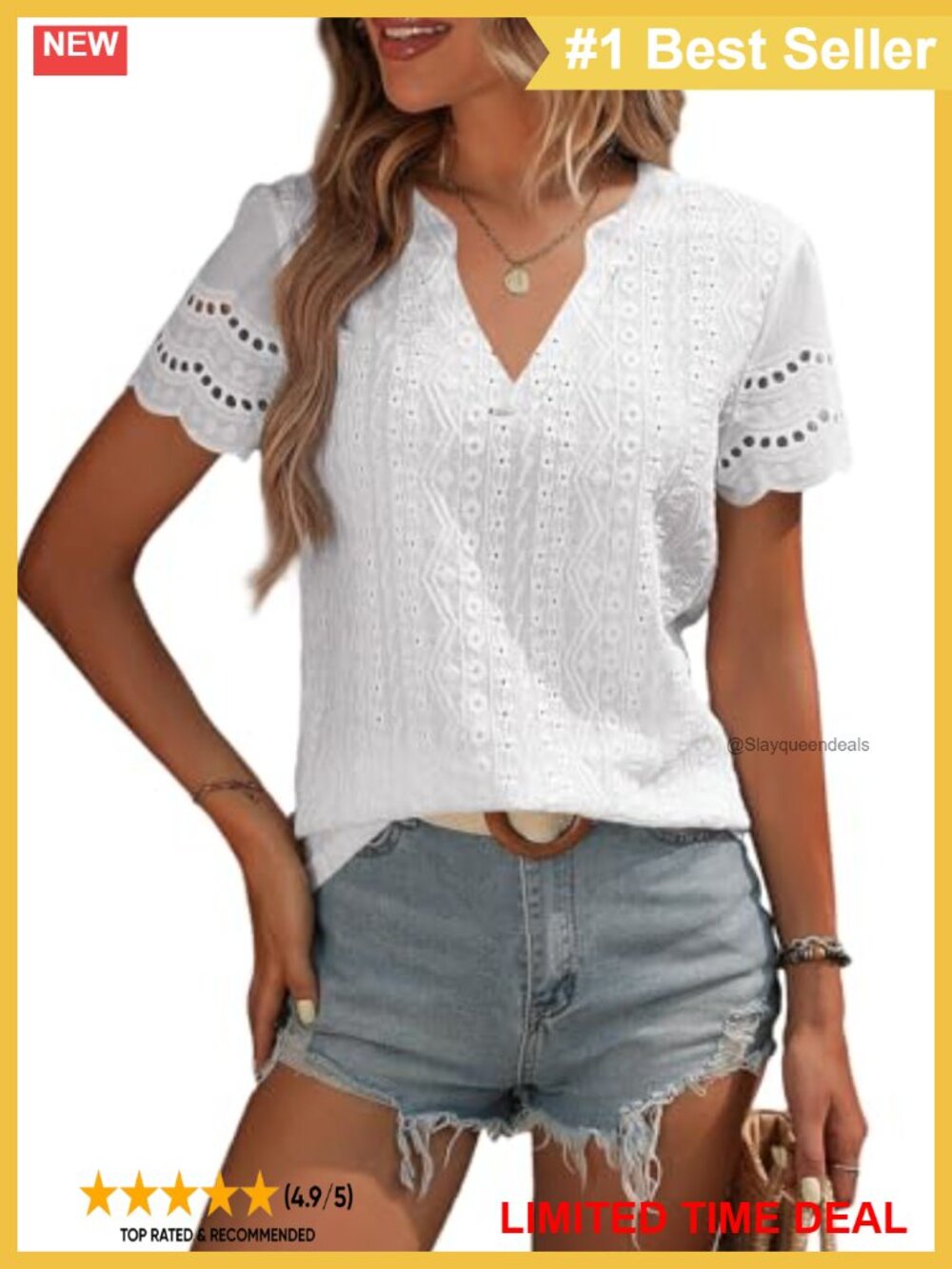 Women's V Neck Short Sleeve Lace Eyelet Blouse Dressy Casual Top